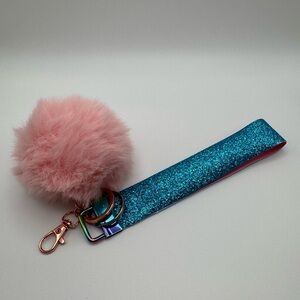 Pink and Blue Glitter Wristlet Keychain with Pom Pom